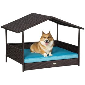 Wicker Dog House Outdoor with Canopy, Rattan Dog Bed with Water-resistant Cushion, Raised Pet Bed for Small, Medium Breeds up to 66 lbs, 20" in L (Option: Blue-830x175x690 mm)